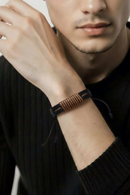 Siyah Kayışlı Kahverenkli İpli Erkek Bileklik
