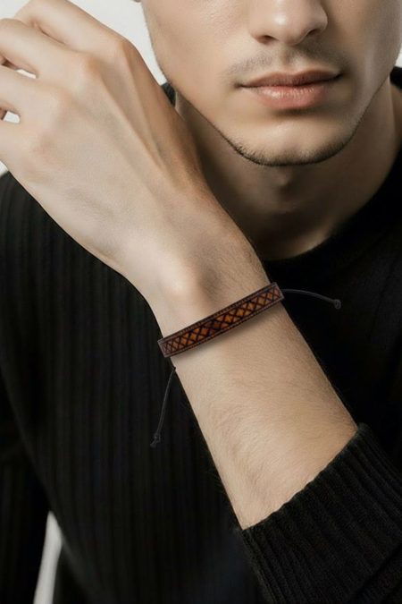 Siyah Geçişli Kahverenkli Kordonlu İpli Erkek Bileklik